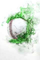 A dynamic baseball surrounded by vibrant green smoke, showcasing motion and energy