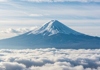 Mount fuji view from above the clouds with clear blue sky and snowy peak