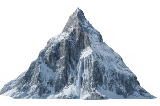 Snowy mountain summit plunging with powerful waterfall, pristine transparent backdrop highlighting dramatic alpine landscape for graphic design