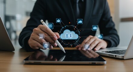 A person in a suit interacts with a tablet, overlaid with digital cloud computing icons and a central upload/download symbol