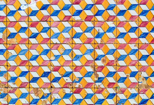 Decorative detail in checkered tiles, in blue, yellow and white, of Portuguese origin in the historic center of S&atilde;o Luis MA.