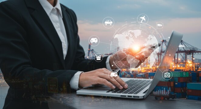 A person in a suit works on a laptop with global logistics icons overlaid, near a port at dusk