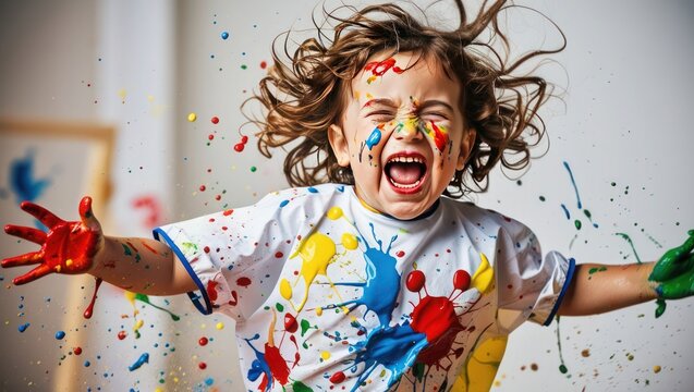 Joyful toddler covered in paint, exuberantly expressing creative freedom through playful splashing.