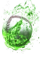 A dynamic baseball surrounded by vibrant green flames, symbolizing energy and motion (1)