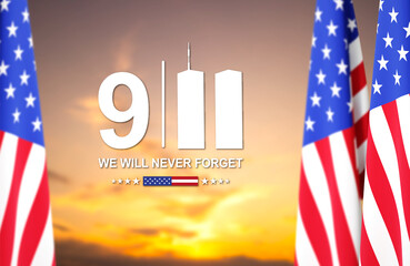 09.11.2001 American Patriot Day banner. Flag of USA against the sunset