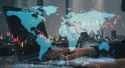 A person types on a laptop overlaid with a world map and financial data against a city skyline