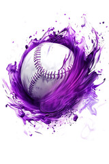 A dynamic purple splash surrounds a baseball, capturing motion and energy in a vibrant design
