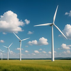 Fototapeta premium Wind Turbines Spinning Over a Green Field Under a Blue Sky 