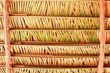 Internal detail of the palm thatched roof, of a rustic house, owned by poor people, in the interior...