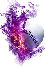A dynamic baseball surrounded by vibrant purple and orange smoke, symbolizing energy and motion