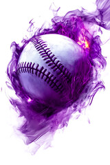 A dynamic baseball surrounded by swirling purple smoke, showcasing motion and energy