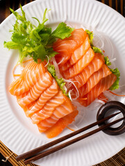 Freshly Sliced Salmon Sashimi Served on White Plate with Garnish