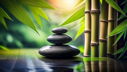 stacked with bamboo leaves, peaceful spa atmosphere__ 