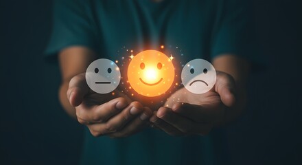 Person holding three emotion faces neutral happy and sad with glowing effect