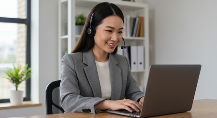 A smiling Asian woman in a grey blazer uses a headset and laptop at a desk in a bright office