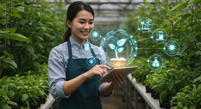 A smiling Asian woman in a greenhouse uses a tablet, surrounded by plants, with digital icons hovering around a seedling