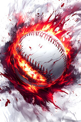 A dynamic baseball engulfed in flames, capturing energy and excitement in a dramatic background