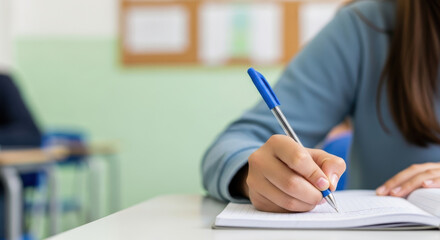 Focused student holds blue pen while writing notes in classroom, closeup shot of hand on notebook with blurred background, academic learning and education concept