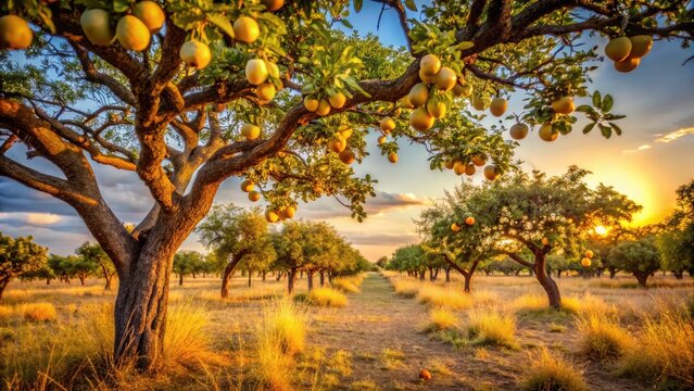Marula trees laden with fruit dominate the South African landscape, bathed in the golden hour's enchanting light.