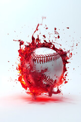 A dynamic splash of red liquid surrounding a baseball, symbolizing energy and excitement in sports