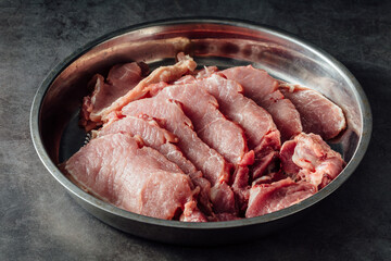 Fresh Raw Pork Slices Ready for Cooking on Metal Tray in Kitchen