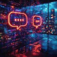 Naklejka premium Digital Dialogue, Neon Chat Bubbles Glow in a Cityscape, Futuristic Communication