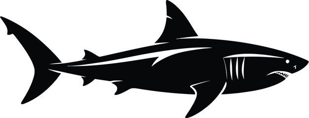 Black shark silhouette with sharp teeth and fins white
