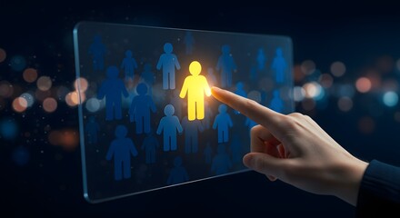 Hand selecting a glowing person icon from a digital interface with blurred background