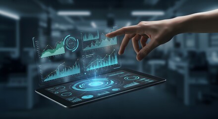 Hand interacting with a futuristic holographic interface displaying financial data and charts