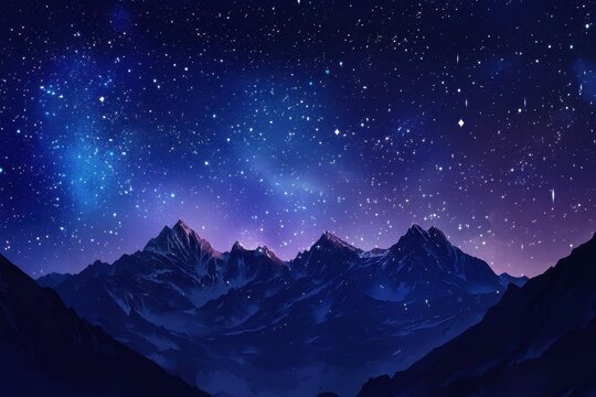 Majestic night view of mountains under a star filled sky with falling stars, night view with falling stars on mountain Photo background ing for live wallpaper