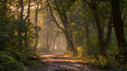 Sunlit forest path with golden rays through trees, a serene nature escape