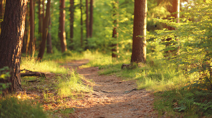 Fototapeta premium Sunlit forest path with golden rays through trees, a serene nature escape