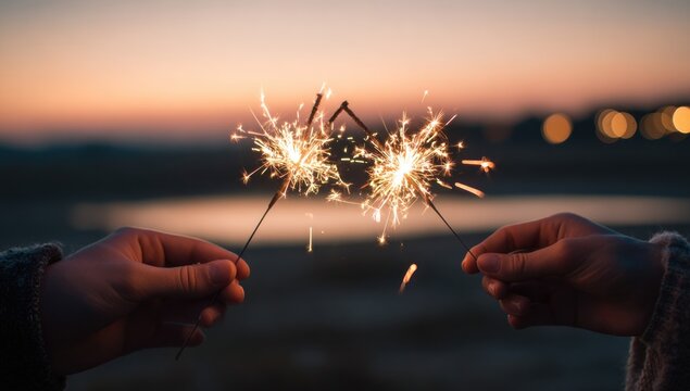 Sparkler celebration at sunset - Powered by Adobe