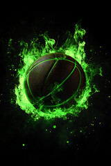 A glowing green basketball surrounded by vibrant flames against a dark background