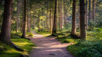 Fototapeta premium Sunlit forest path with golden rays through trees, a serene nature escape
