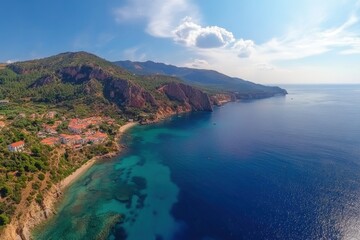 Breathtaking aerial view of Kefalonia Ionian Sea coast showcasing pristine nature and vibrant landscapes, Ionian sea coast nature aerial panorama Kefalonia island, Assos village