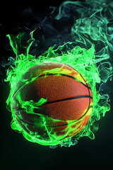 A glowing green basketball surrounded by vibrant smoke, set against a dark background, emphasizing energy
