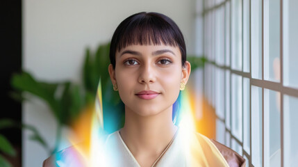 Young female with short hair in bright indoor setting
