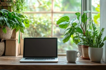 Cozy workspace by window with laptop and coffee cup surrounded by greenery, Laptop with coffee cup on wooden desk by window with green plants Home office concept