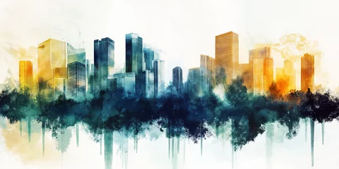 Papier peint photo intissé Abstract painted skyline featuring modern city skyscrapers and trees