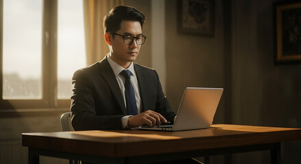A focused businessman in a suit working diligently on a laptop at his desk.