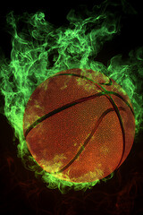 A glowing basketball surrounded by vibrant green smoke against a dark background