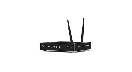 A black router with two antennas sits against a white background.