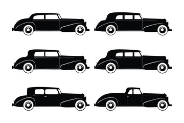 Classic Car Silhouettes: A striking collection of vintage cars captured in elegant black silhouettes, evoking a sense of timeless style and the golden age of automotive design.