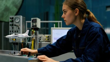 Female engineer working with model aircraft in laboratory - Powered by Adobe