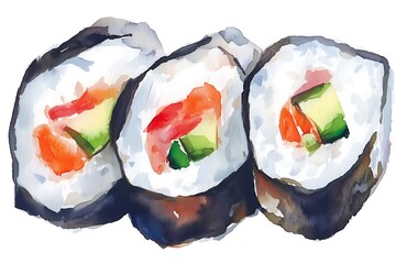 Watercolor sushi rolls with salmon and cucumber on white background