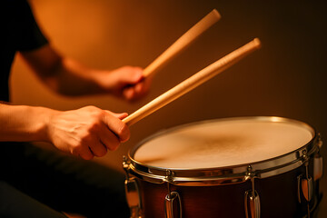 Obraz premium Drummer Playing Snare Drum with Sticks in Warm Lighting