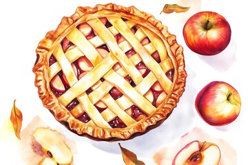 Watercolor painting of a delicious apple pie with fresh apples and autumn leaves