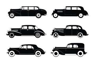 Vintage Cars Silhouette Set: An eye-catching silhouette collection showcases meticulously designed classic automobiles, embodying timeless style and design.