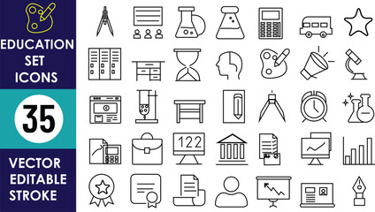 Set of 35 education icons including lab flask, microscope, book, calculator, award, folder, lightbulb, clock, document, student, graph, and certificate